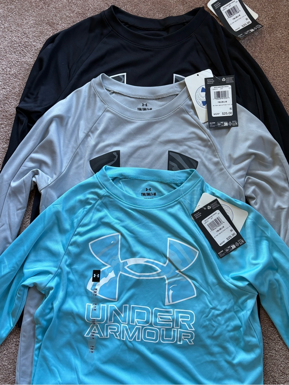 Under Armour Kids Boys set of 3 long sleeve athletic shirts size medium NWT